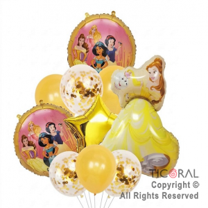 SET DE GLOBOS METALIZADOS PRINCESAS Y LA BELLA Y LATEX CON CONFETI x 10 UNIDADES